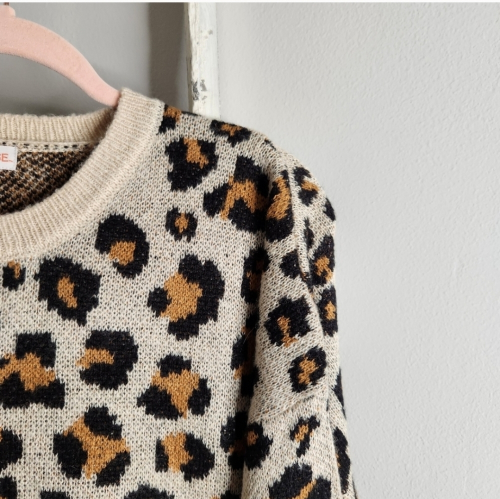 Knox Rose Sweater womens XL cream black animal print ribbed hem - Picture 2 of 5